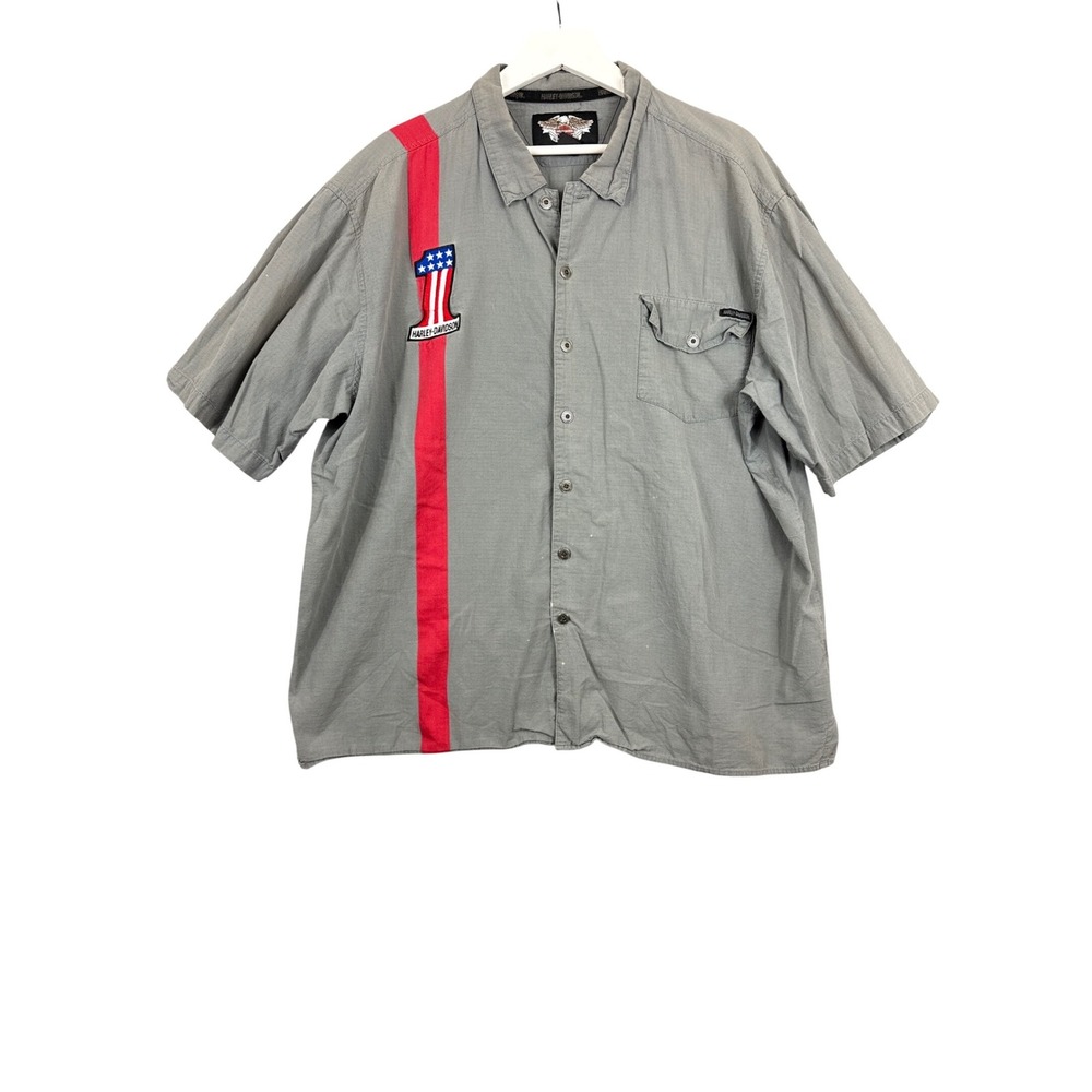 Harley-Davidson Mens XXL Grey Ripstop Short Sleeve Racing Stripe Button Up Shirt